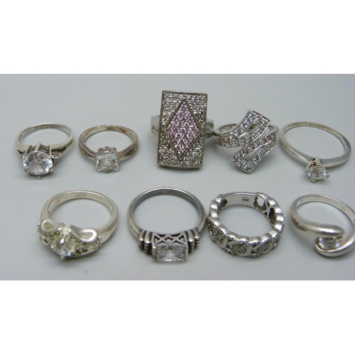 1093 - Ten silver and cubic zirconia rings, 44g