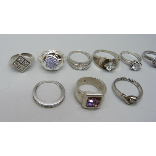 1105 - Ten silver and cubic zirconia rings, 41g