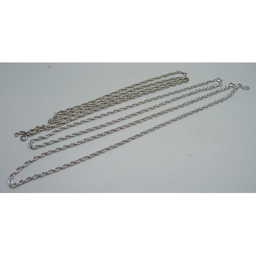 1112 - Three silver rope chains, 50g, one clasp a/f