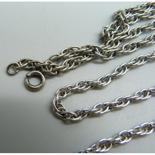 1112 - Three silver rope chains, 50g, one clasp a/f