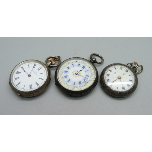 1115 - Three silver fob watches, two 0.935, one glass a/f