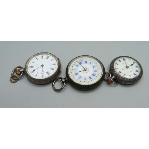 1115 - Three silver fob watches, two 0.935, one glass a/f