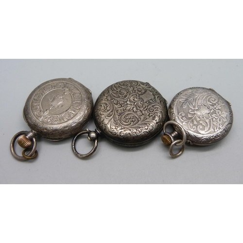 1115 - Three silver fob watches, two 0.935, one glass a/f