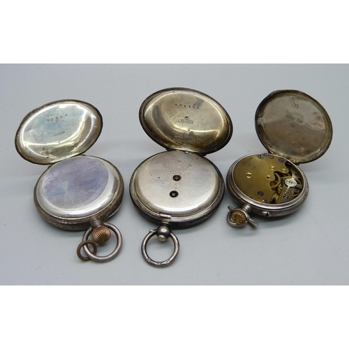 1115 - Three silver fob watches, two 0.935, one glass a/f