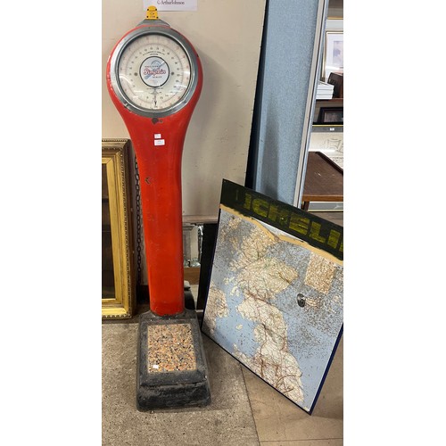 273 - A set of W.A. Simpkin & Sons red enamelled weighing scales and a metal Michelin road map