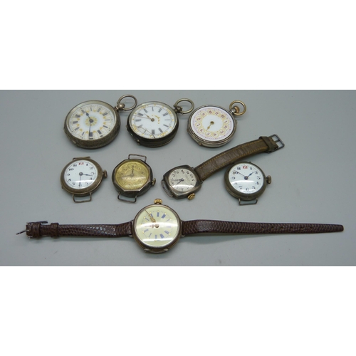 1119 - Five lady's silver wristwatches, a/f, and three silver fob watches, both including .800 silver, one ... 