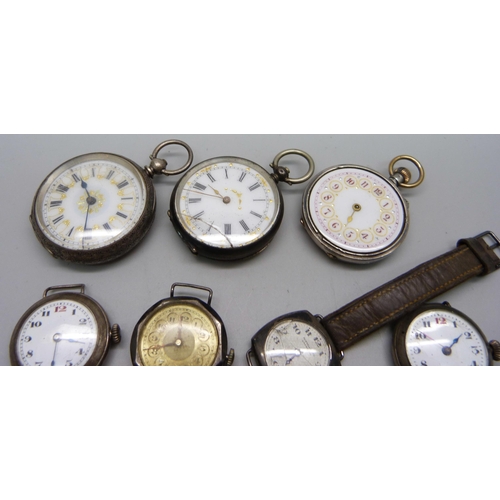 1119 - Five lady's silver wristwatches, a/f, and three silver fob watches, both including .800 silver, one ... 