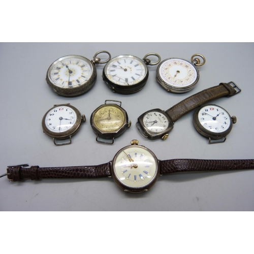 1119 - Five lady's silver wristwatches, a/f, and three silver fob watches, both including .800 silver, one ... 