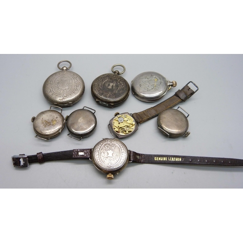 1119 - Five lady's silver wristwatches, a/f, and three silver fob watches, both including .800 silver, one ... 