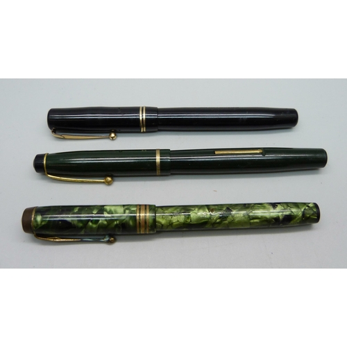 1126 - Three fountain pens - A Conway Stewart marbled 388 with 14k gold nib, lever and body a/f, a Wyvern 6... 