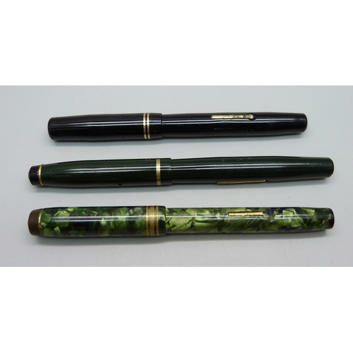 1126 - Three fountain pens - A Conway Stewart marbled 388 with 14k gold nib, lever and body a/f, a Wyvern 6... 