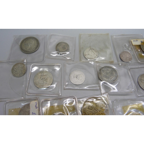1129 - Assorted pre 1947 coins, 135g, and two pre 1920 coins, 3.9g