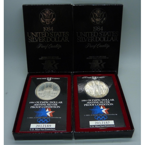 1131 - Two 1984 US silver dollar, Proof Quality, Olympic Games Los Angeles commemoratives