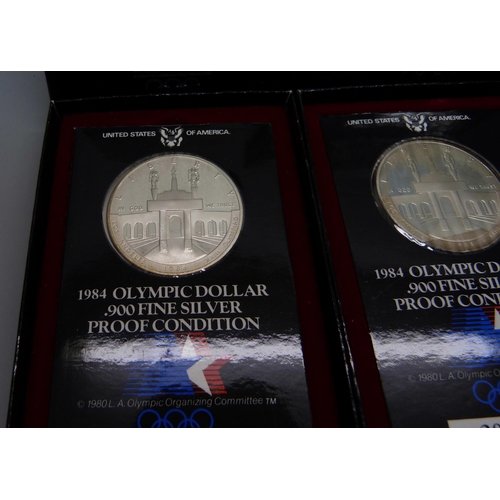 1131 - Two 1984 US silver dollar, Proof Quality, Olympic Games Los Angeles commemoratives