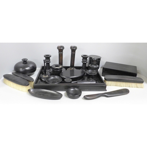 1148 - A collection of ebony dressing table set, two with silver decoration **PLEASE NOTE THIS LOT IS NOT E... 