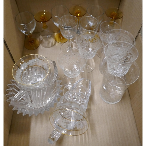 1155 - A collection of mid 20th Century and later glass, including a set of six gilded champagne coups, six... 