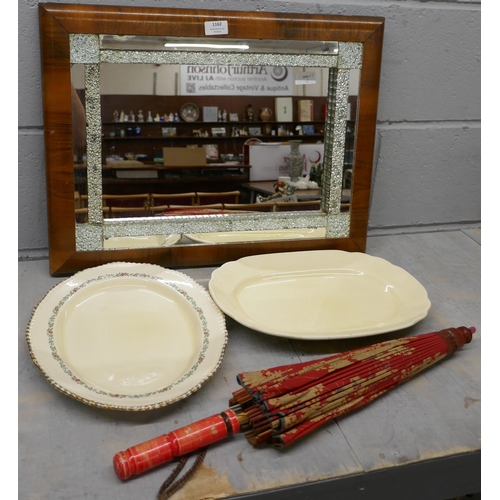 1162 - A vintage wall mirror, a parasol and two plates **PLEASE NOTE THIS LOT IS NOT ELIGIBLE FOR IN-HOUSE ... 