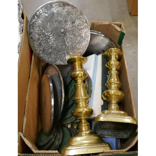 1163 - Metalware, a pair of early brass candlesticks, flatware, trays, etc. **PLEASE NOTE THIS LOT IS NOT E... 