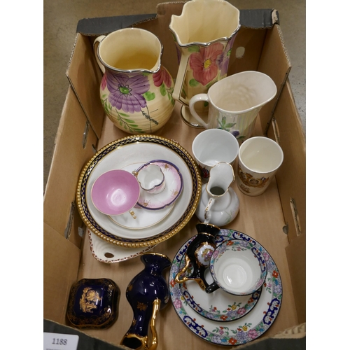 1188 - A box of mixed china, Limoges box and two ewers, two Coronation souvenir cups, Arthur Wood vase and ... 