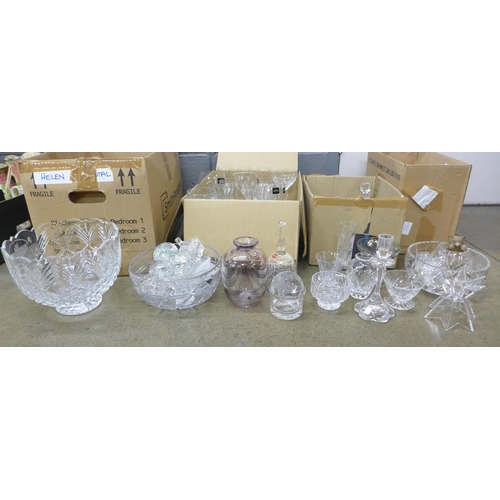 1189 - Four boxes of glassware including Nachtmann lead crystal, Royal Doulton wine glasses, Royal Brierley... 