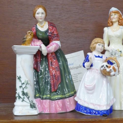 615 - Four Royal Doulton figures, Anne Boleyn, Florence Nightingale, Quiet, They're Sleeping and The Duche... 