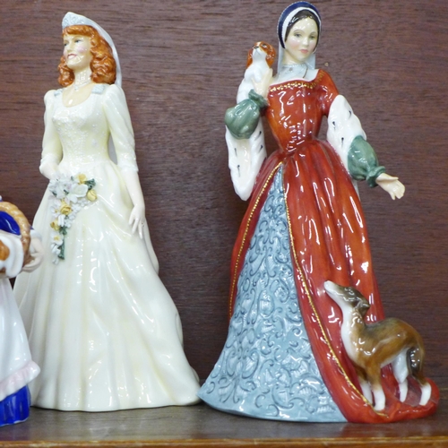 615 - Four Royal Doulton figures, Anne Boleyn, Florence Nightingale, Quiet, They're Sleeping and The Duche... 