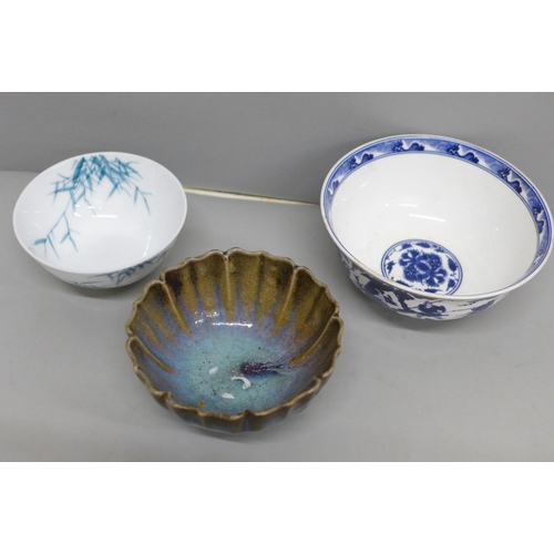 630 - Three Chinese bowls, blue and white bowl a/f, two porcelain bowls with six character mark