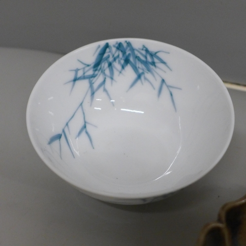 630 - Three Chinese bowls, blue and white bowl a/f, two porcelain bowls with six character mark