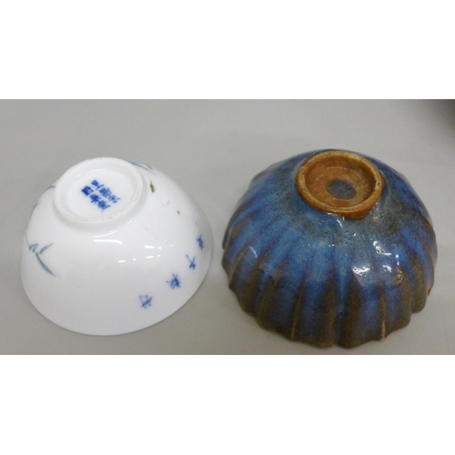 630 - Three Chinese bowls, blue and white bowl a/f, two porcelain bowls with six character mark