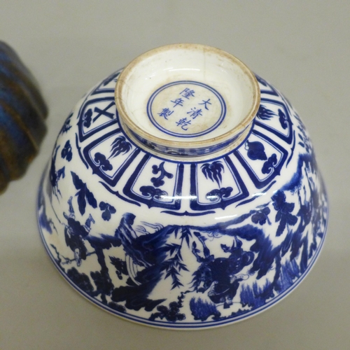 630 - Three Chinese bowls, blue and white bowl a/f, two porcelain bowls with six character mark