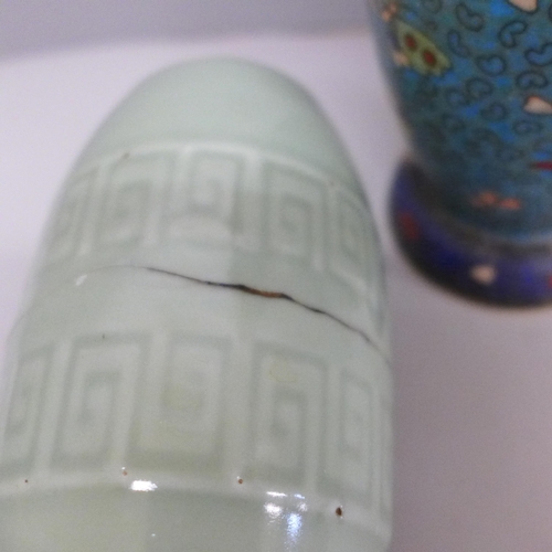 631 - A Chinese pale celadon vase, 12cm, a/f and one other, 15cm