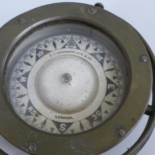 638 - A ship's brass binnacle compass marked R.T. Chamberlain & Co, London