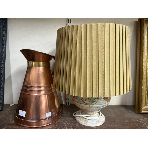 315 - A copper measure and a table lamp