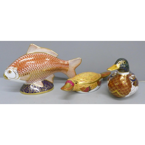 662 - Three Royal Crown Derby paperweights including The Australian Collection duck billed platypus