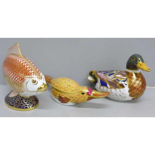 662 - Three Royal Crown Derby paperweights including The Australian Collection duck billed platypus