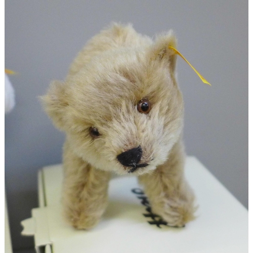 670 - Four small Steiff teddy bears; Elephant, Penguin, Bear and miniature mohair, boxed