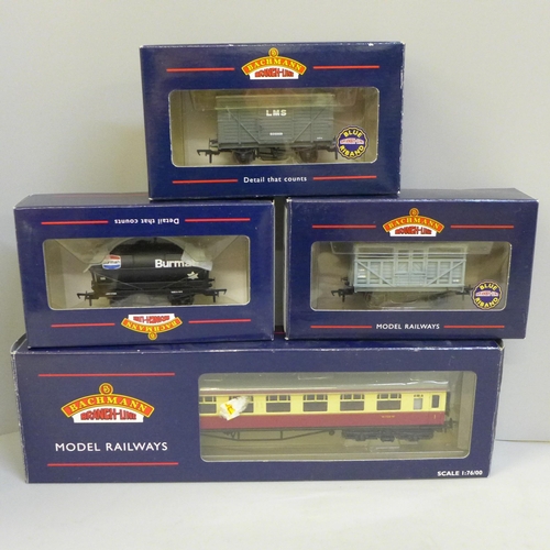 672 - Three Bachmann Branch Line wagons and a coach, boxed