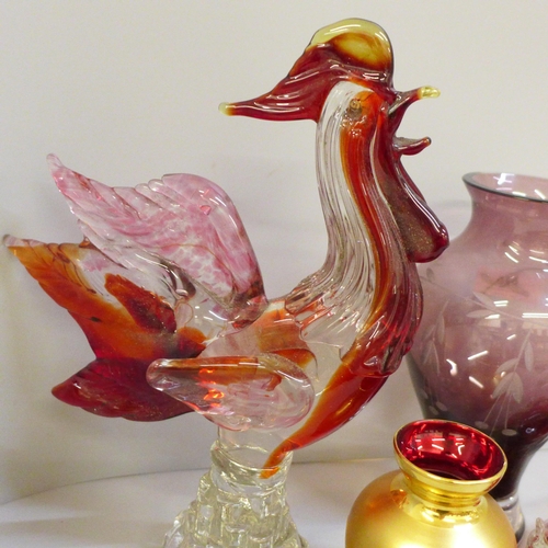 676 - An Italian Murano glass cockerel sculpture and three other items of glass