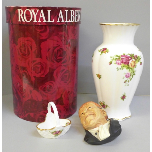 678 - A Royal Albert Country Roses vase, basket (second) and a Bossons head plaque