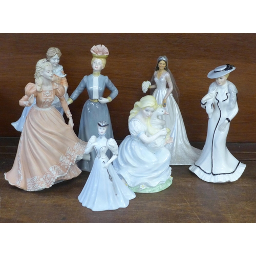 697 - Seven china figures including Coalport, Wedgwood and Royal Worcester, two with damaged fingers