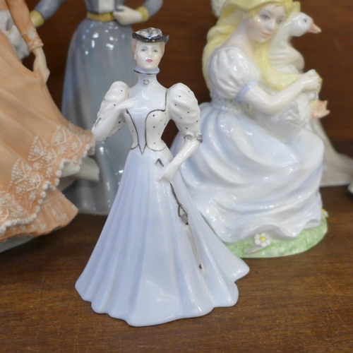 697 - Seven china figures including Coalport, Wedgwood and Royal Worcester, two with damaged fingers