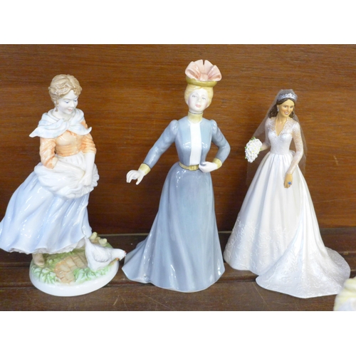 697 - Seven china figures including Coalport, Wedgwood and Royal Worcester, two with damaged fingers