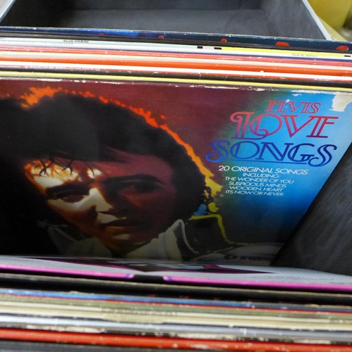 725 - A box of Elvis Presley LP records including re-issues, plus books and a DVD in a Sound Lab record ca... 