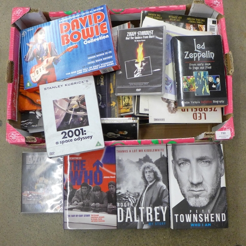 732 - A box of Led Zeppelin, The Who and David Bowie books, CDs and DVDs