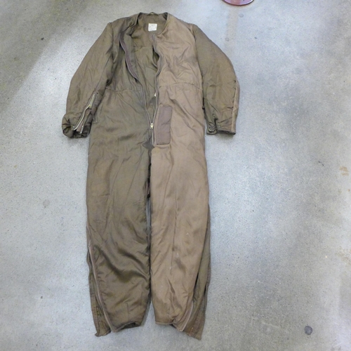 734 - Original 1941 WWII British RAF pilots one-piece step-in style flying suit, brown rayon with an inner... 