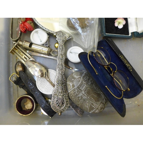 749 - A pair of vintage spectacles, flatware, a whistle, a hand mirror, etc.