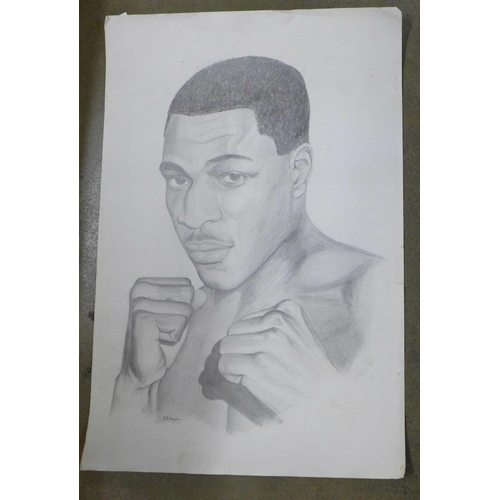 762 - Frank Bruno, an original pencil drawn portrait circa 1990s by Steve Megson, retired artist and costu... 