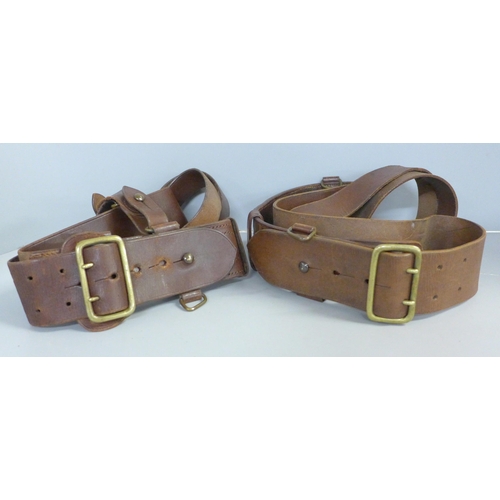 765 - Two original 1940s WWII Sam Browne leather belts, complete with right shoulder crossover strap, leng... 