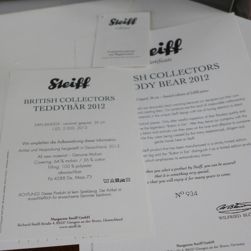 787 - A Steiff British collectors teddy bear 2012, limited edition and a Steiff Zoffy teddy bear, both box... 