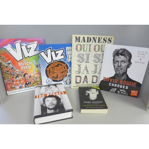 789 - Six books - The Story of The Pogues, David Bowie, Gary Numan, Madness and two Viz